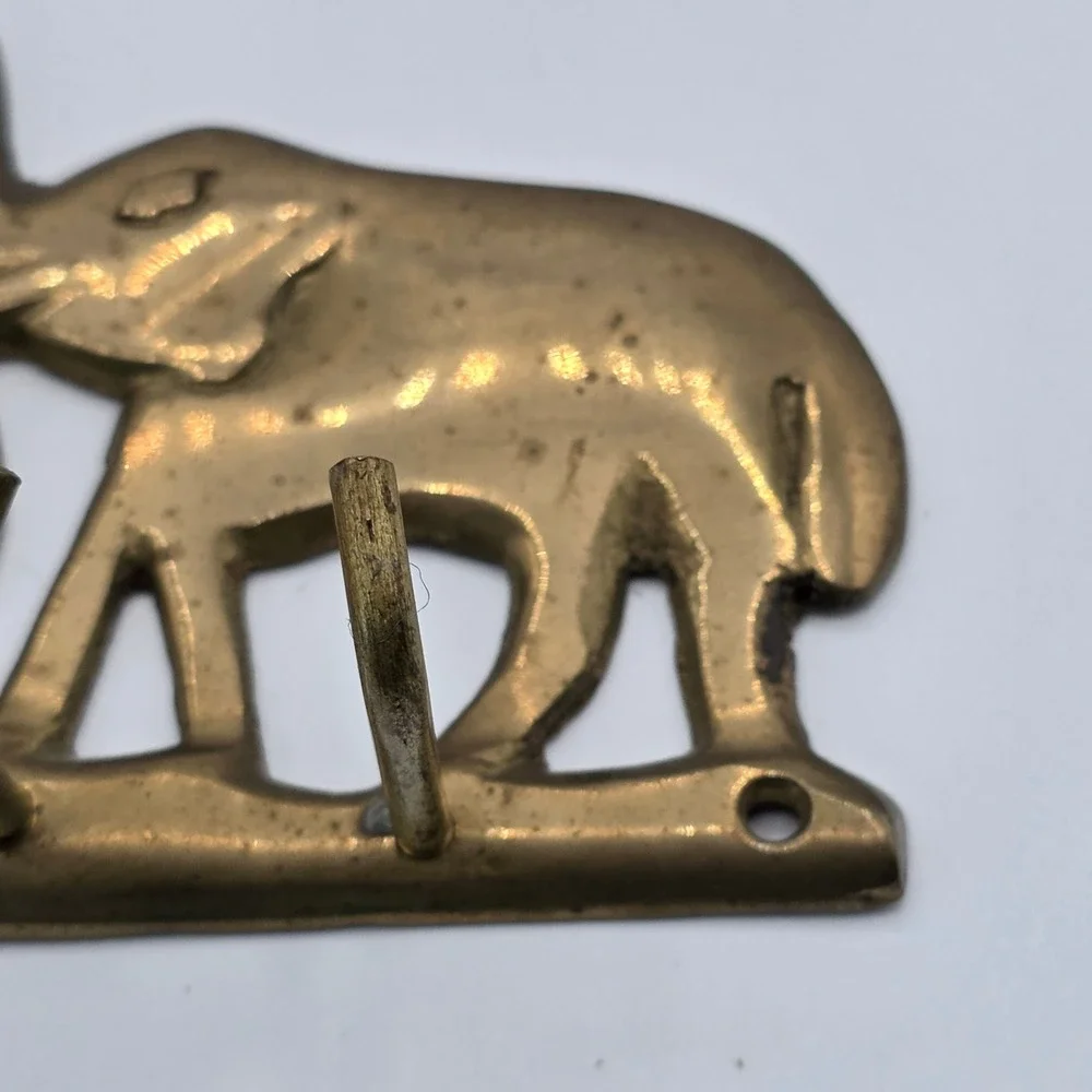 Vintage Solid Brass Elephant Trio Wall Hook Rack Key Holder Made in India Gold
